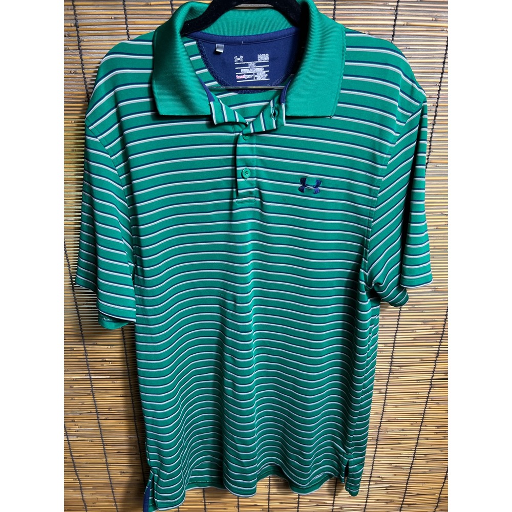 Under Armour Mens LG Green Striped HeatGear Short Sleeve Polo Shirt